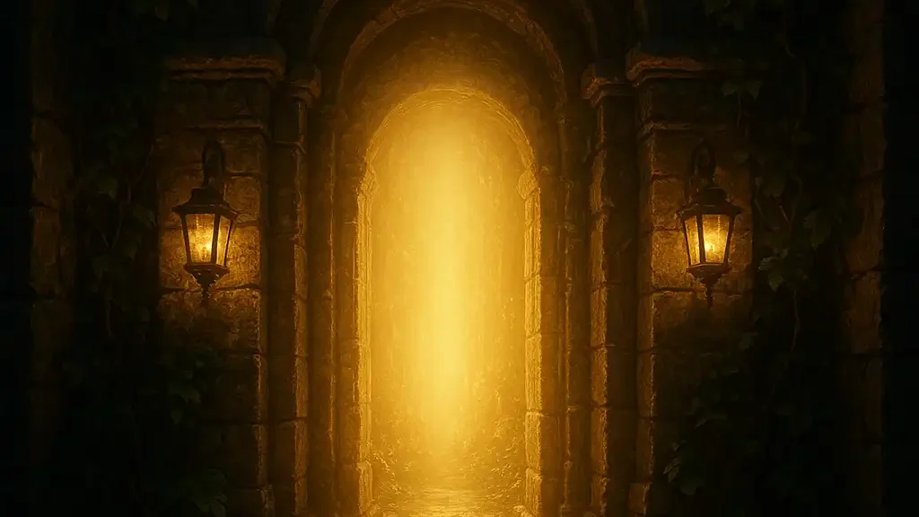 A glowing stone gateway symbolising instant Pay n Play banking access into the sanctuary