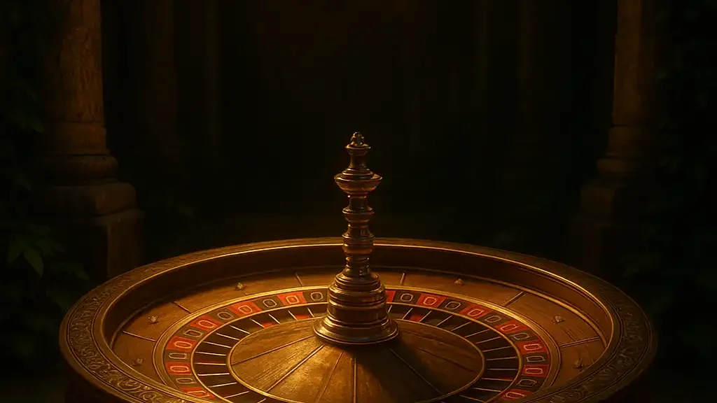 An ornate roulette wheel glowing under lantern light inside a stone temple chamber
